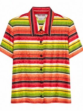 Maggy London Multicolor Red Green Orange Yellow Striped Button-Down Shirt